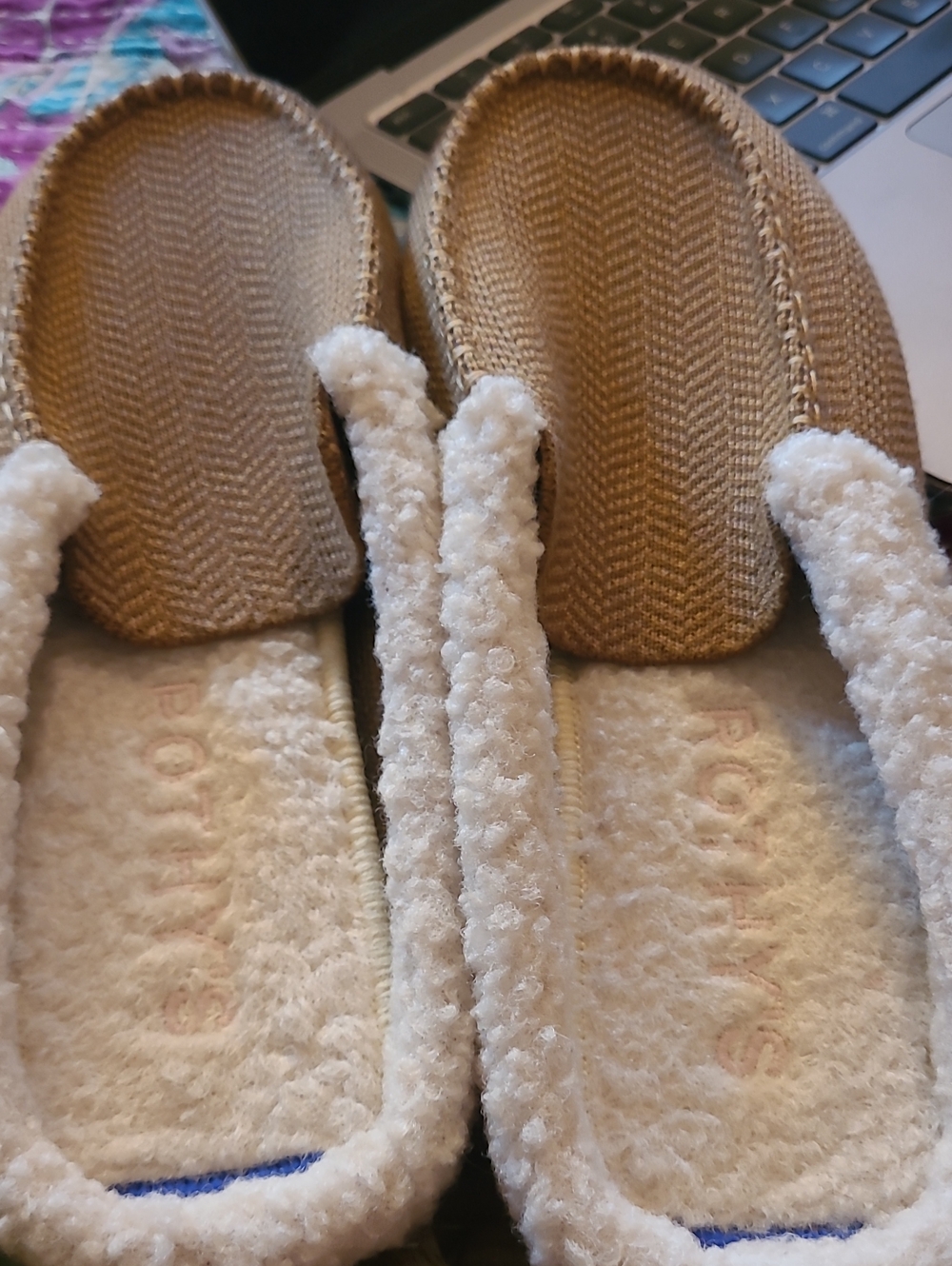 Cozy Sherpa-Trim Slip-On House Slippers in Tan and White